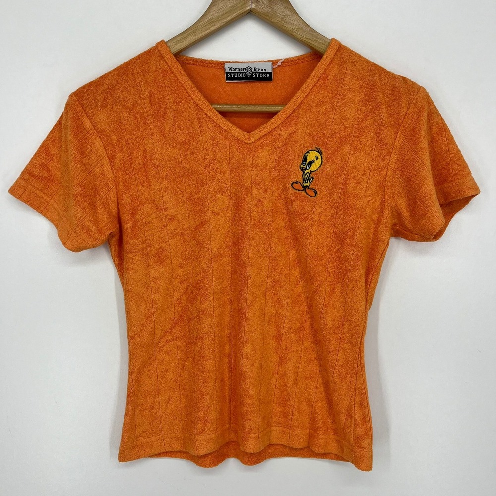 Warner Bros Studio Store Tweety Bird Orange Terry Cloth V-Neck Top Vintage Y2K S